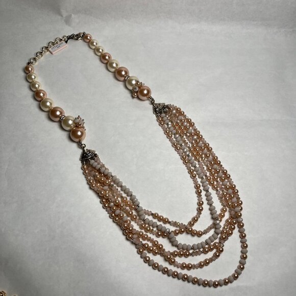 Multi-Strand Pearl & Bead LONG Necklace By Ottaviani BIJOUX Pink & White - Picture 3 of 7